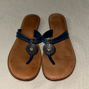 Brighton “onyx” sandal blue braided leather tan soles crystal medallion size 6.5